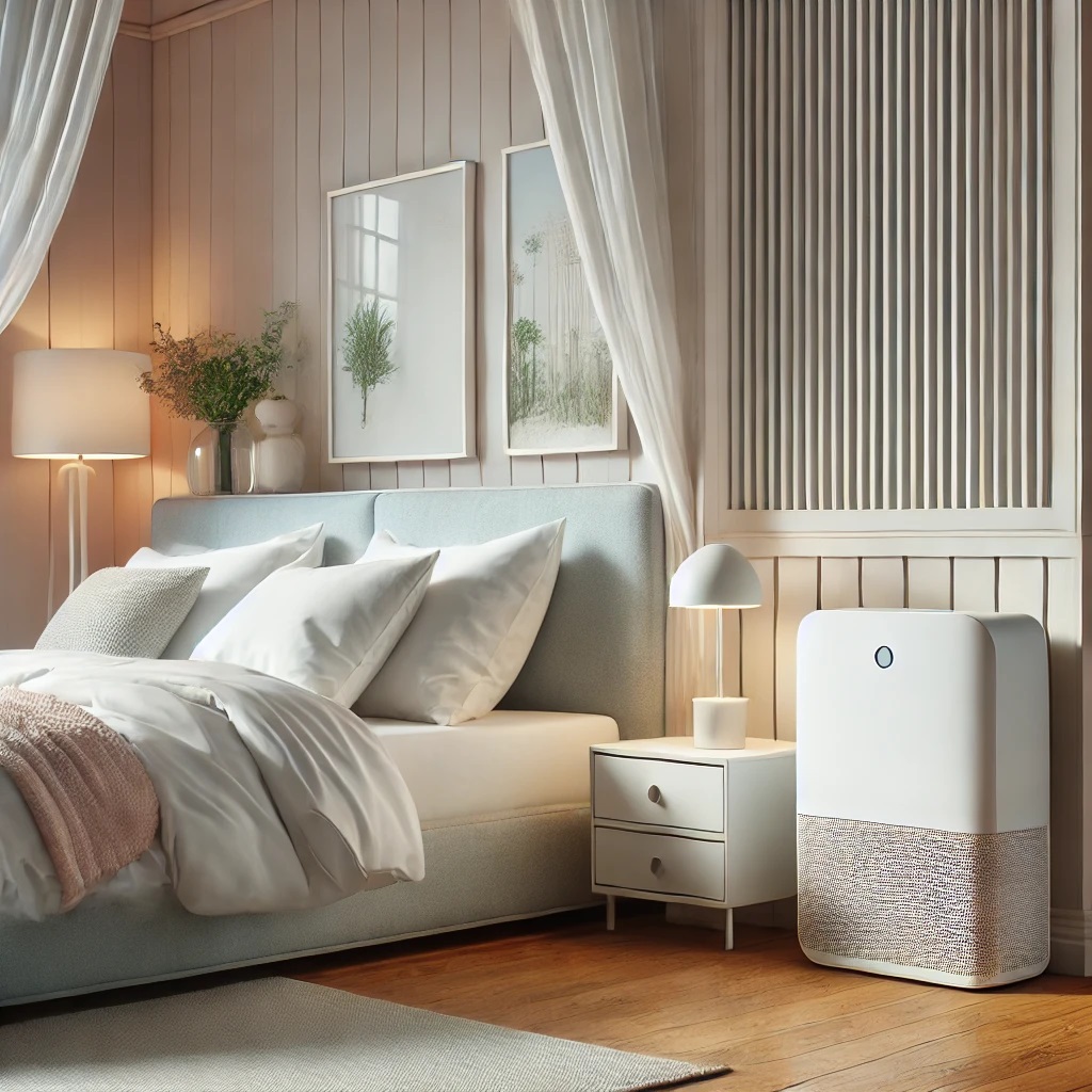 Waarom een luchtreiniger in de slaapkamer essentieel is voor een betere nachtrust 2 Moderne slaapkamer met een compacte luchtreiniger naast het bed, minimalistisch design, houten vloer en natuurlijke lichtinval, die bijdraagt aan een frisse en gezonde slaapomgeving.