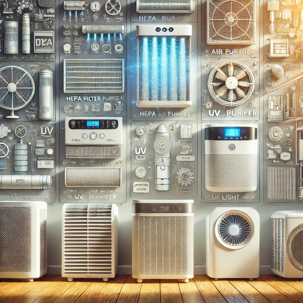 verschillende soorten luchtreinigers in een moderne interieursetting, waaronder HEPA-filter luchtreinigers, ionisators, UV-licht luchtreinigers en luchtreinigers met actieve koolfilters, die verschillende technologieën voor luchtfiltratie illustreren
