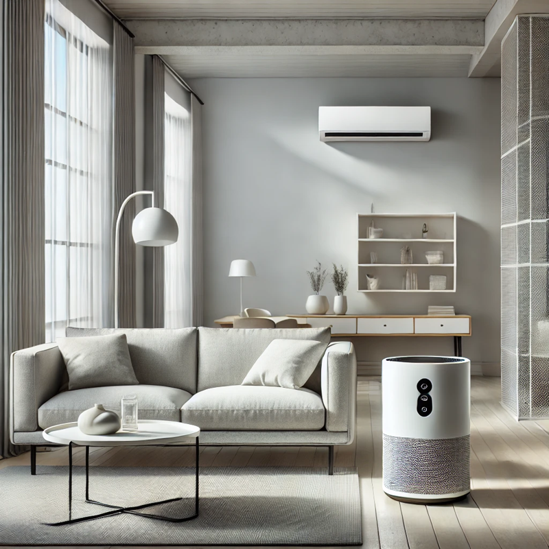 Hoe kan ik de luchtreiniger met HEPA-filter het beste plaatsen? 1 Luchtreiniger met HEPA-filter geplaatst op een optimale locatie in een moderne woonkamer, vrij van direct zonlicht en warmtebronnen, voor maximale luchtcirculatie en efficiëntie.
